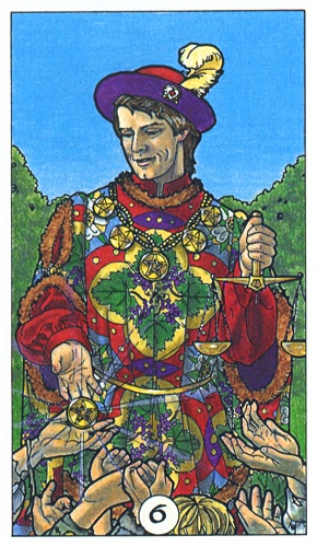 The Six of Pentacles as depicted in the Robin Wood Tarot; A wealthy patrician judiciously distributing alms to the needy.